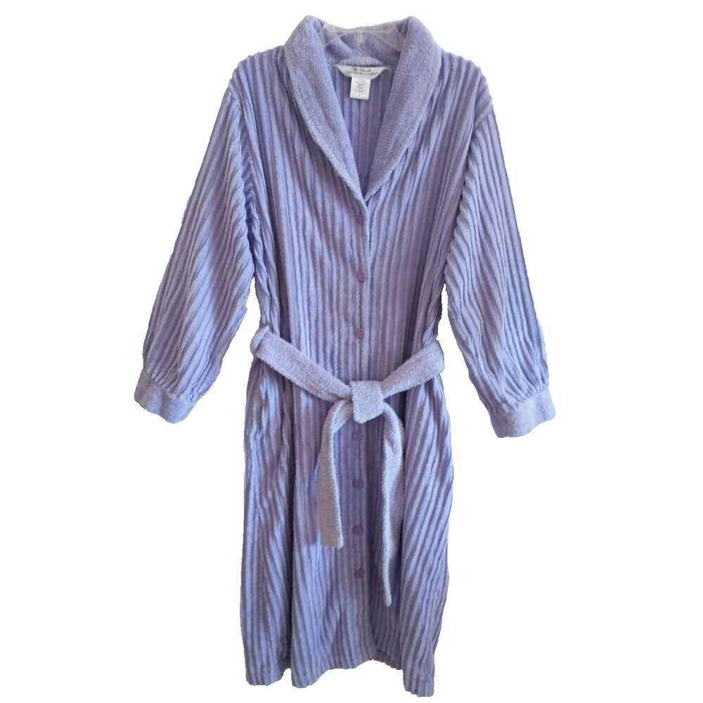 VERMONT COUNTRY STORE Women's Robe Tufted Chenille Buttons Tie Pockets Lilac - L